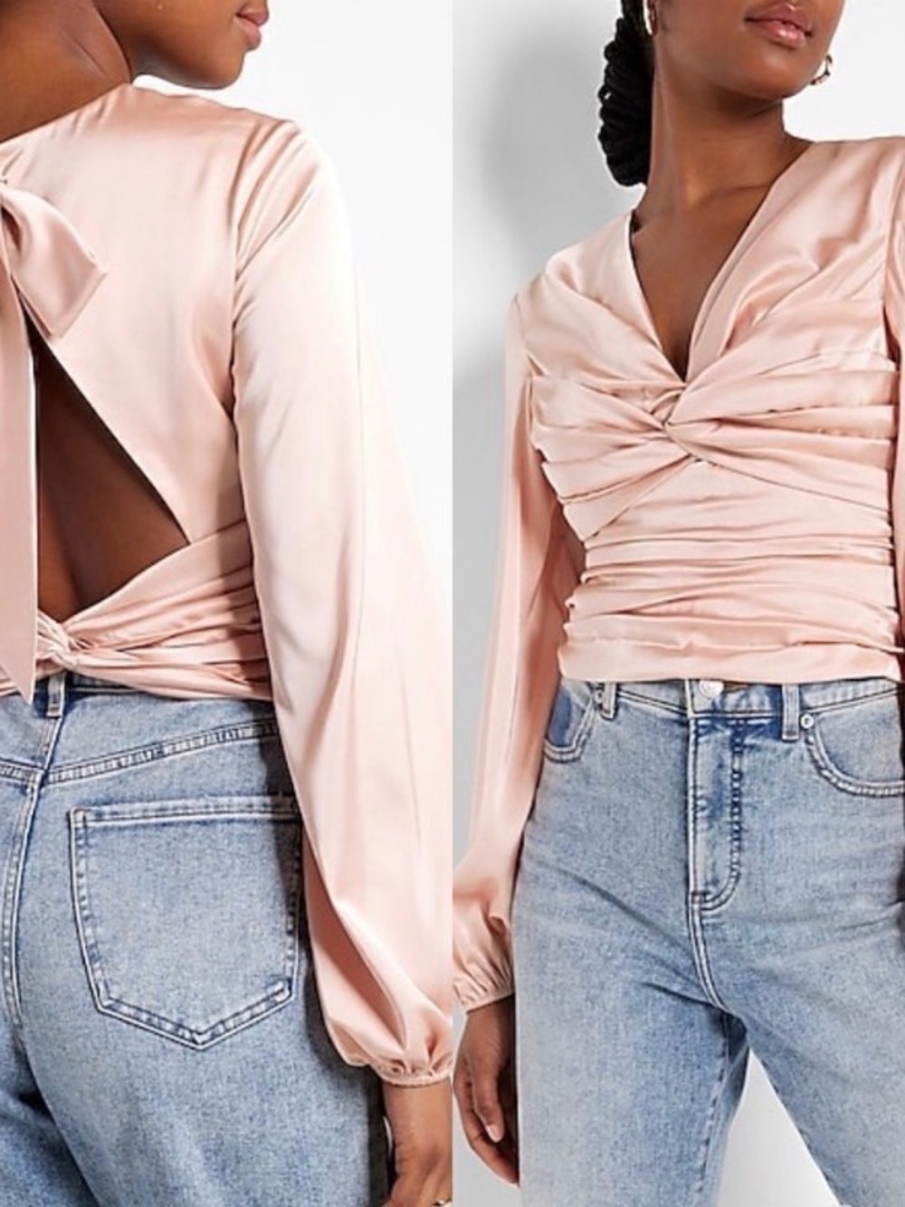 NWT Express Blush Satin Twist-Front Long-Sleeve Top with Open Back and Bow